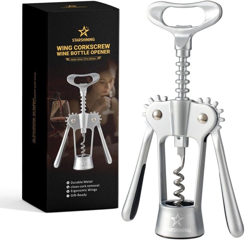 Starshining Wine Opener,Heavy-Duty Zinc Alloy Wing Corkscrew Wine Bottle Opener with Sharp Spiral Screw,Round Handles,Matte Silver - Image 1